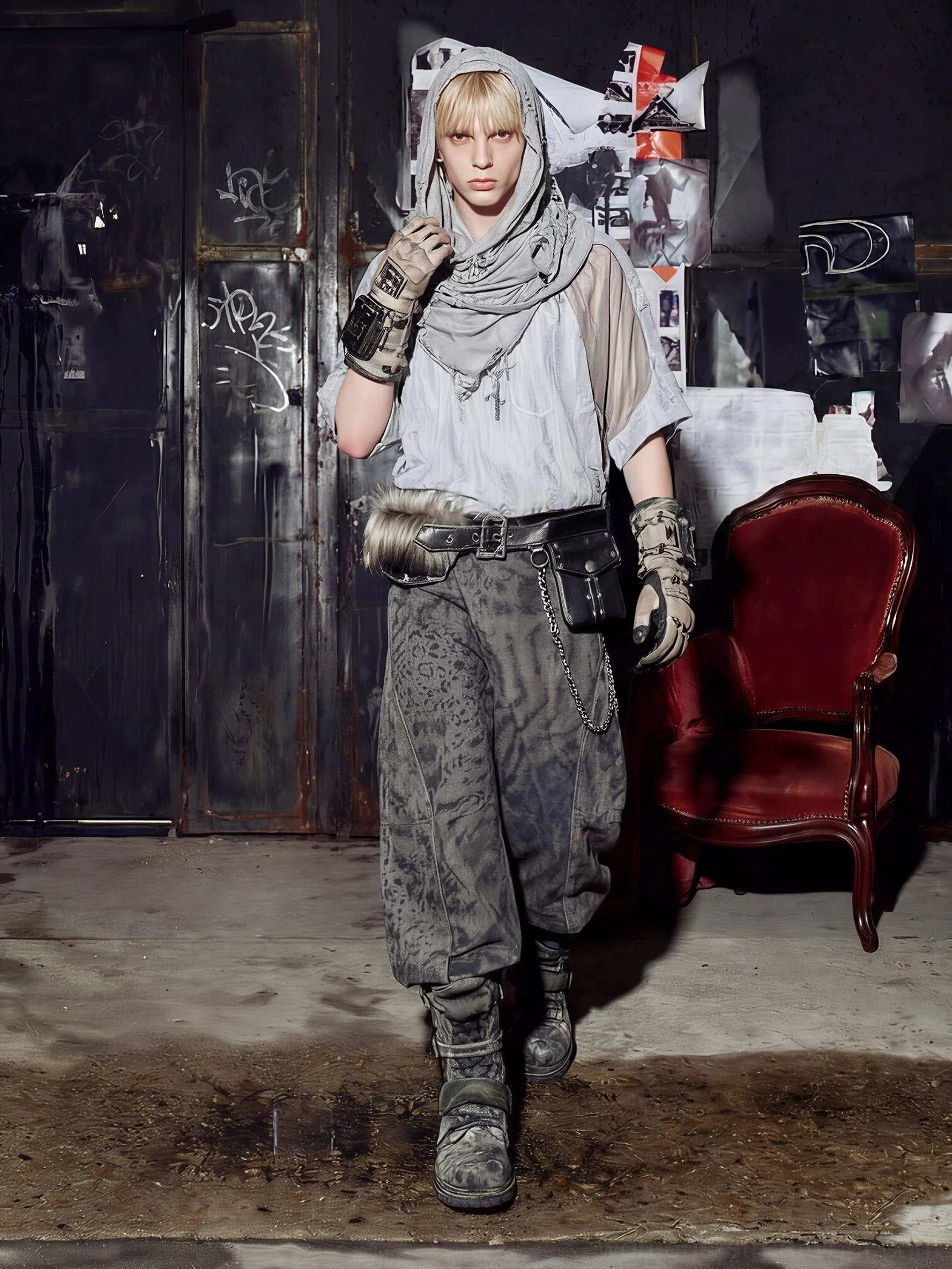 Male model walking in wood grain gray distressed mesh hood scarf varsity jersey tee with layered urban accessories