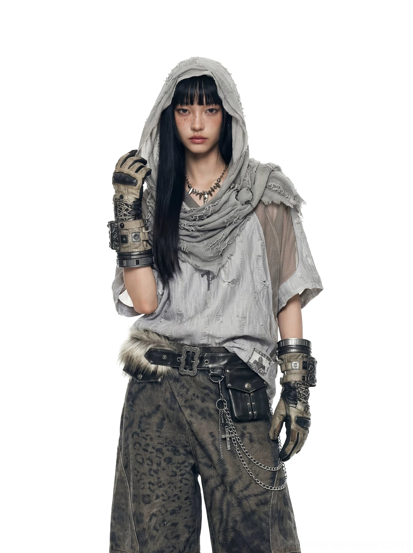 Female model wearing the distressed mesh hood scarf varsity jersey tee in wood grain gray, front full-body studio view