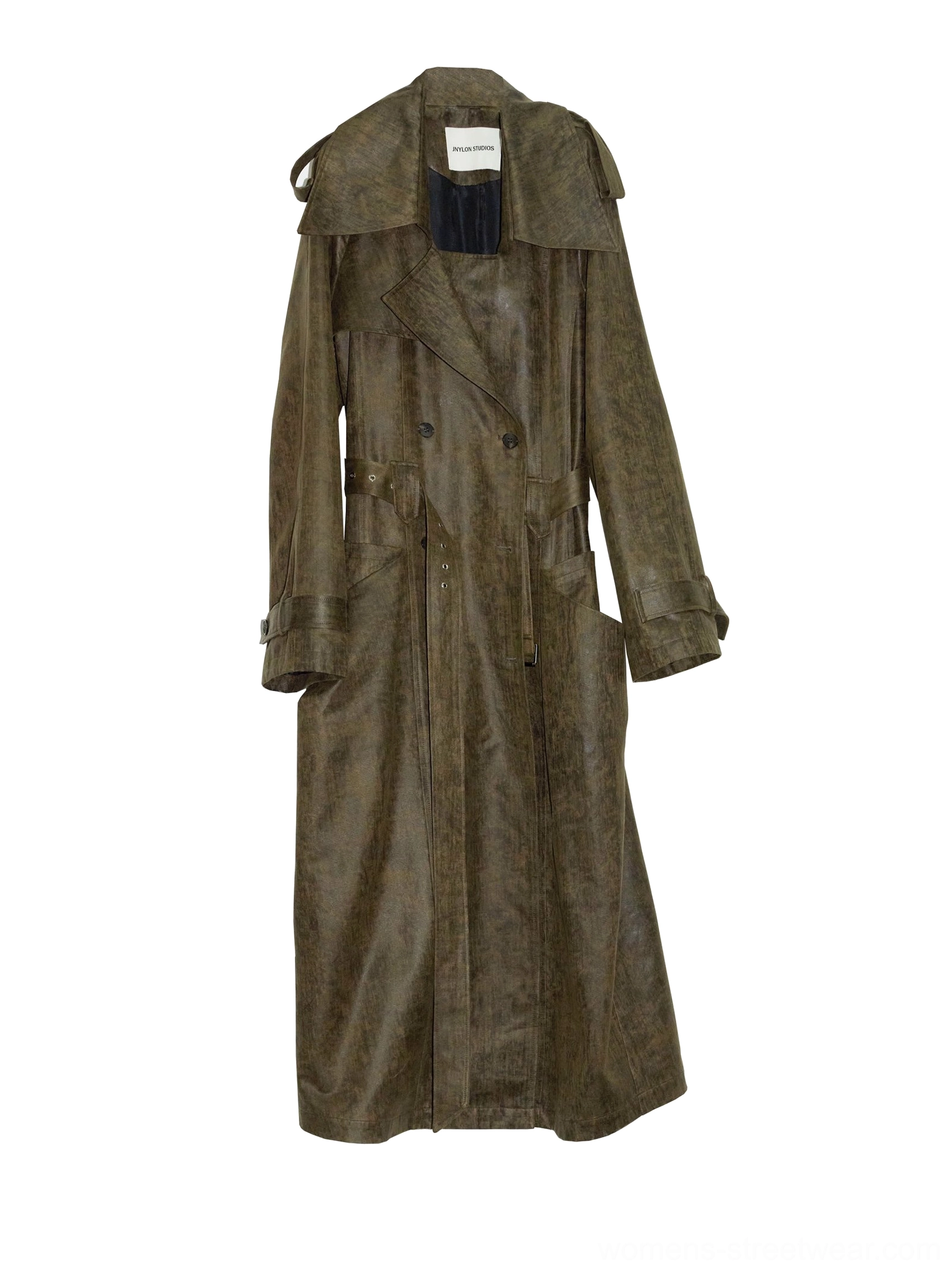 Flat front product view of a distressed olive green trench coat showing shoulder epaulets, double-breasted closure, interior collar lining, and structured full-length design