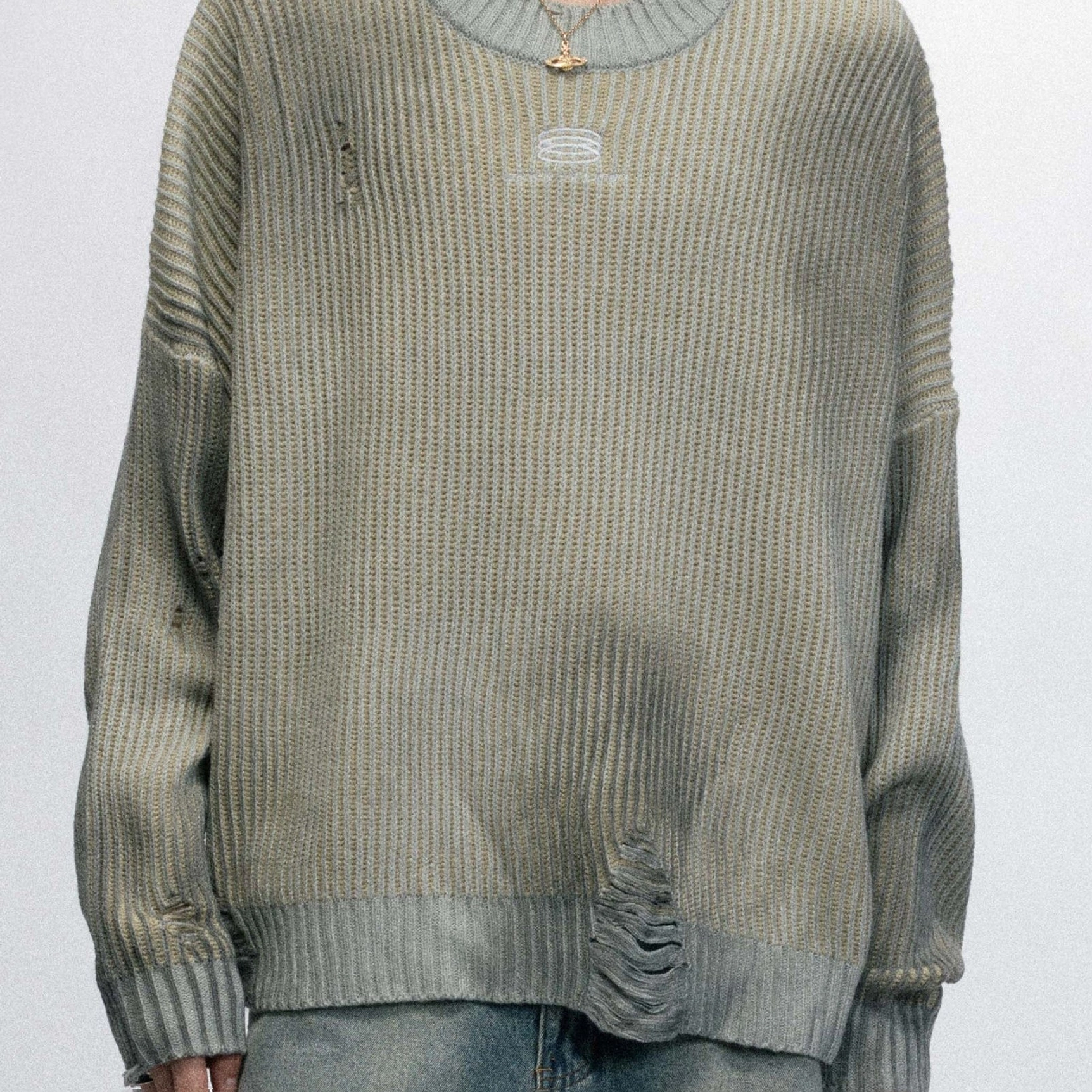 Distressed oversized knit sweater with vertical ribbed texture for Y2K casual layering