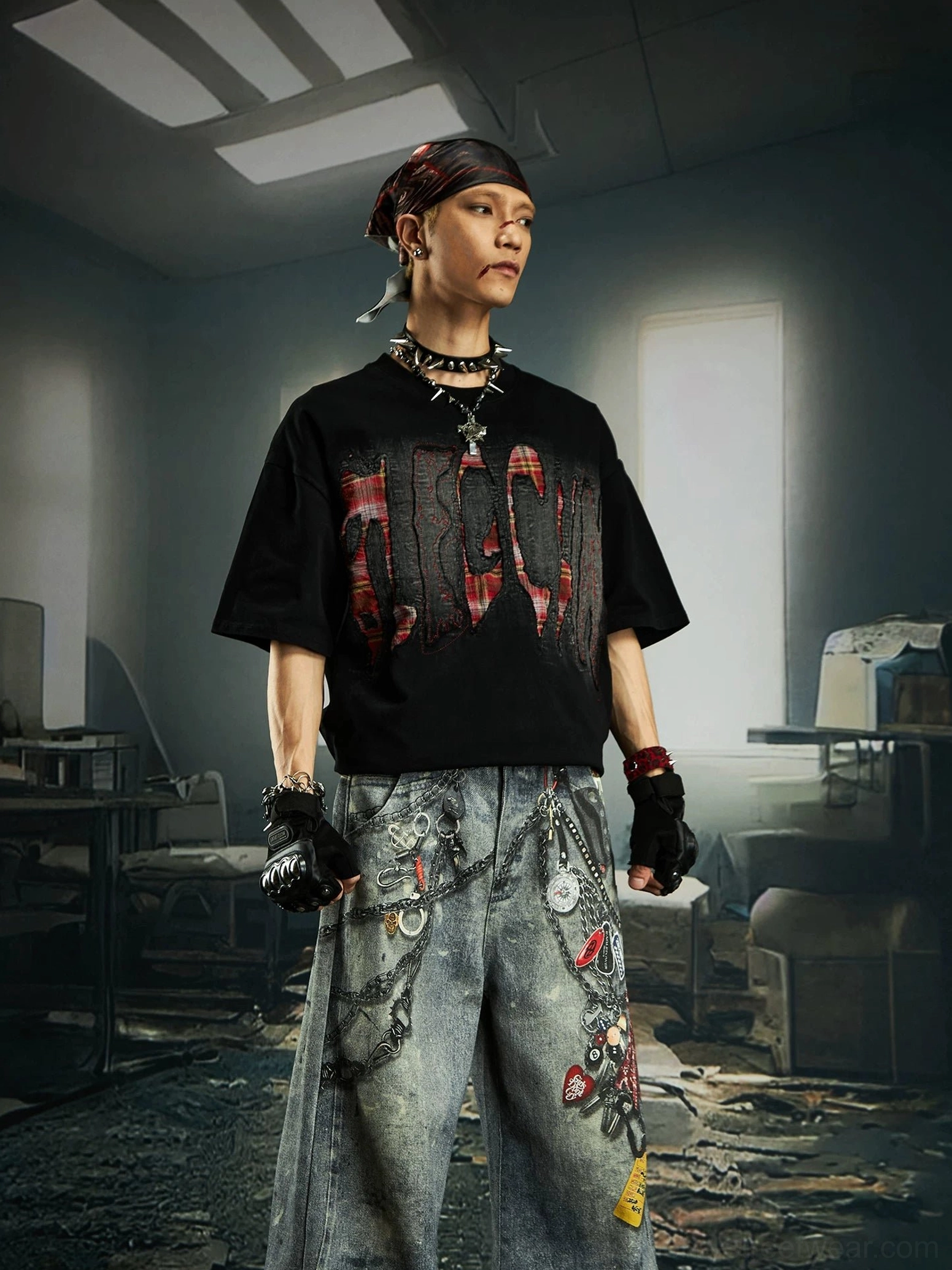 Black distressed plaid slash oversized graphic streetwear tee with red plaid chest graphic and fingerless glove styling