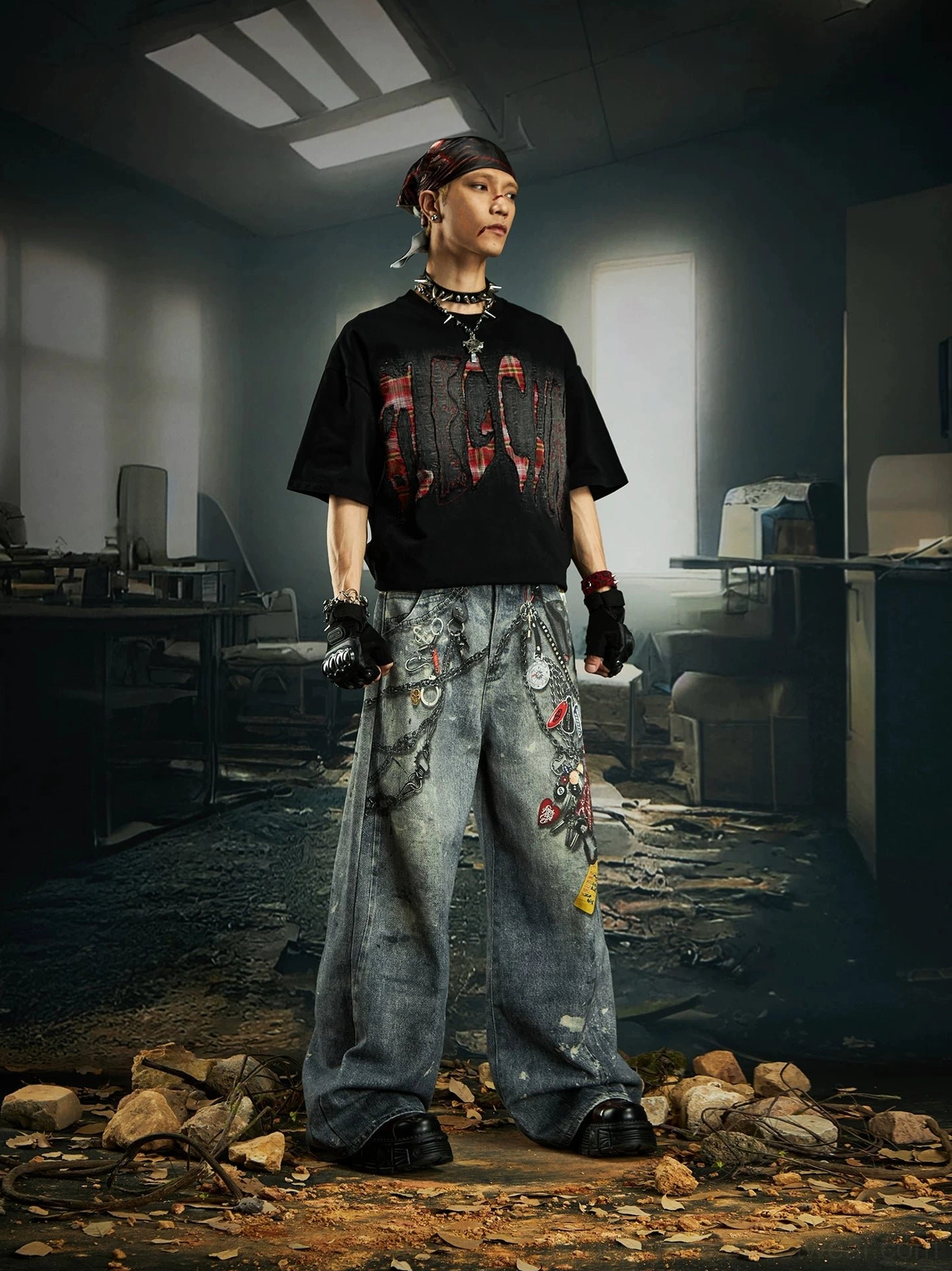 Distressed plaid slash oversized graphic streetwear tee product detail showing relaxed cotton construction