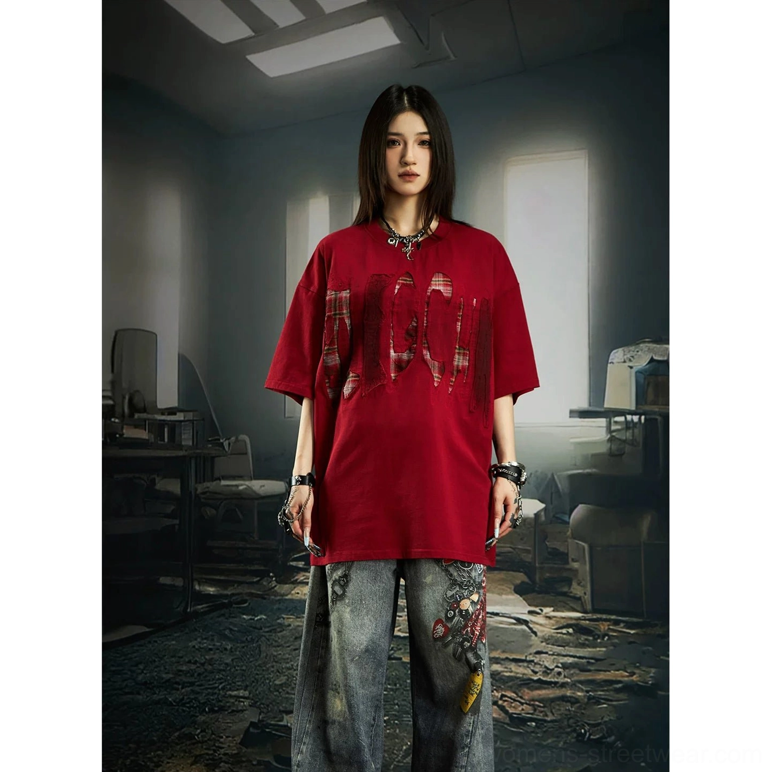 Red distressed plaid slash oversized graphic streetwear tee product view with shredded-style plaid chest graphic