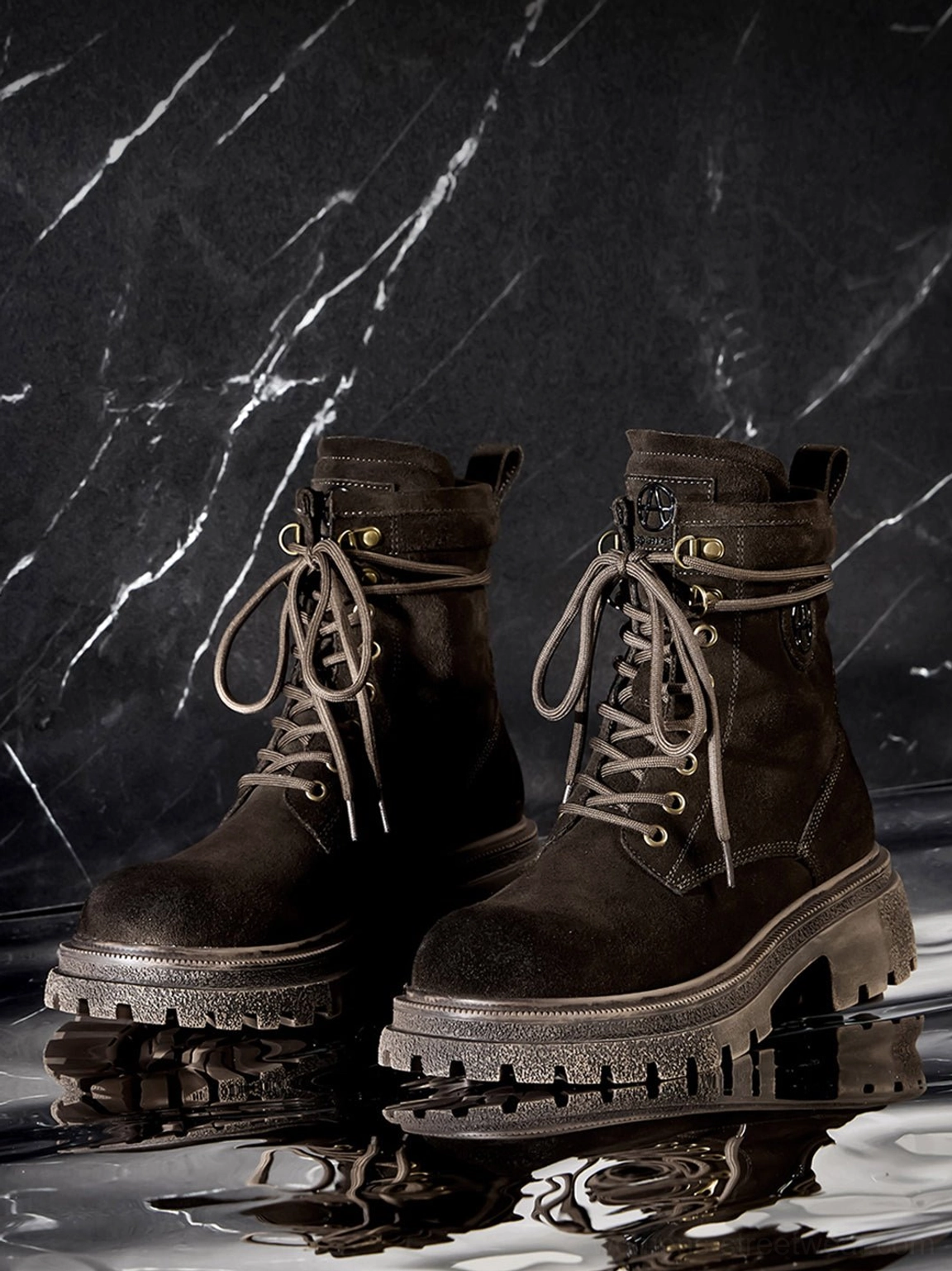 Distressed platform combat boots complete sizing range displayed showing all available sizes fit options