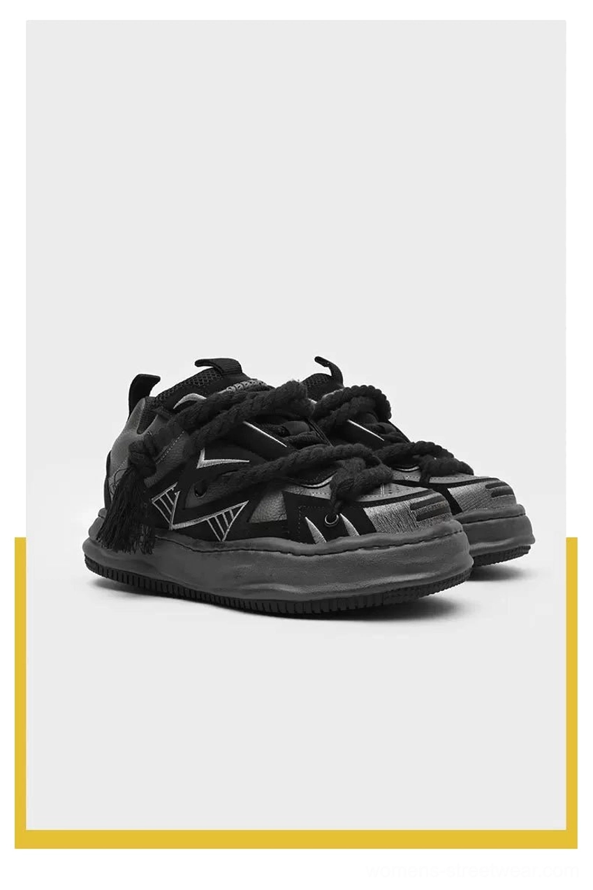 Distressed platform sneakers for women and men featuring low-top construction, chunky proportions, rope-lace detailing, and versatile urban streetwear appeal