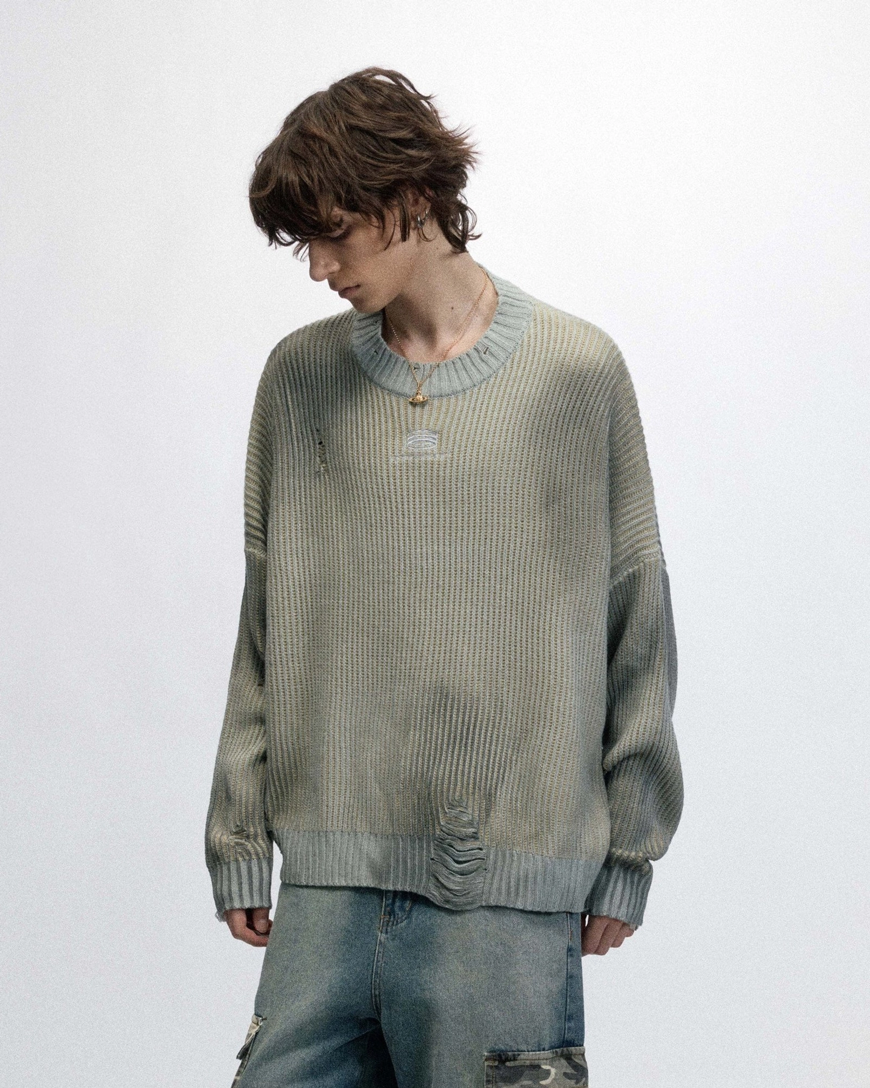 Distressed ribbed logo sweater product image featuring oversized Korean streetwear styling and faded knit texture