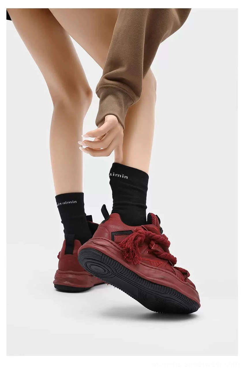 Distressed rope-lace chunky sneakers product image showing layered streetwear construction, oversized braided laces, mixed microfiber leather and mesh panels, and a thick platform sole