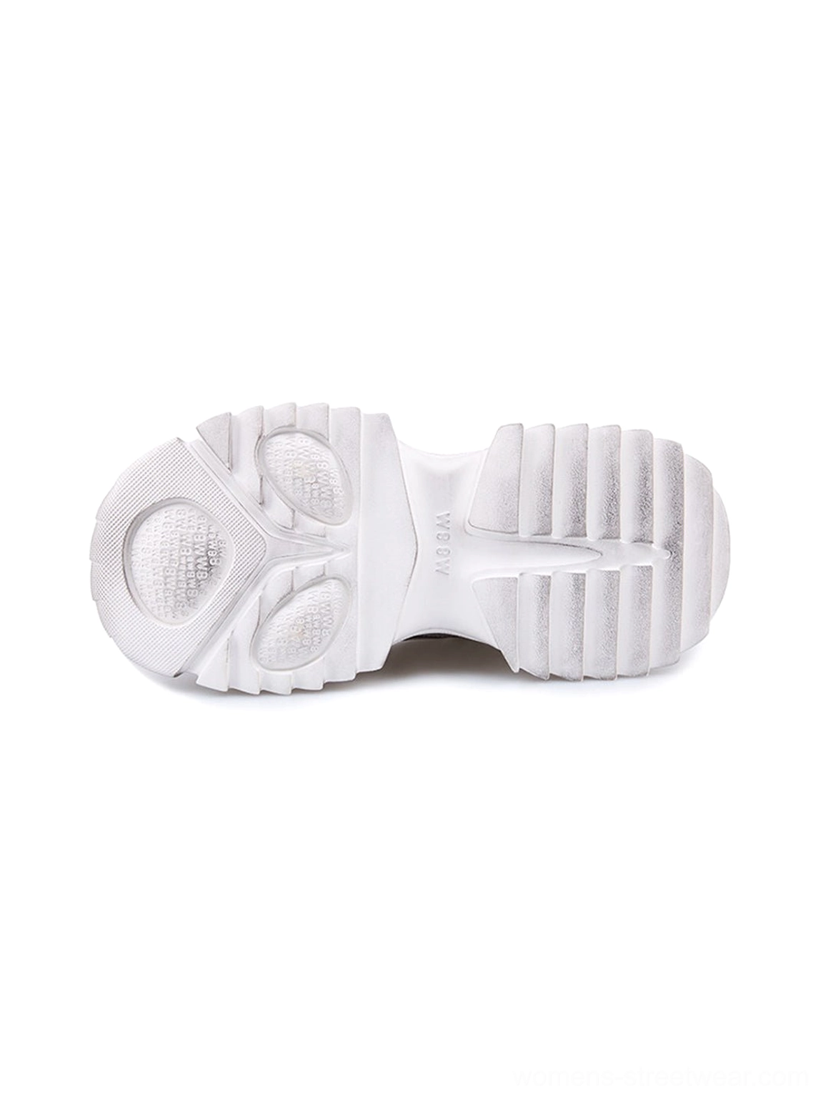 Detailed rubber outsole view of distressed silver chunky dad sneakers with textured anti-slip tread and sculpted sole