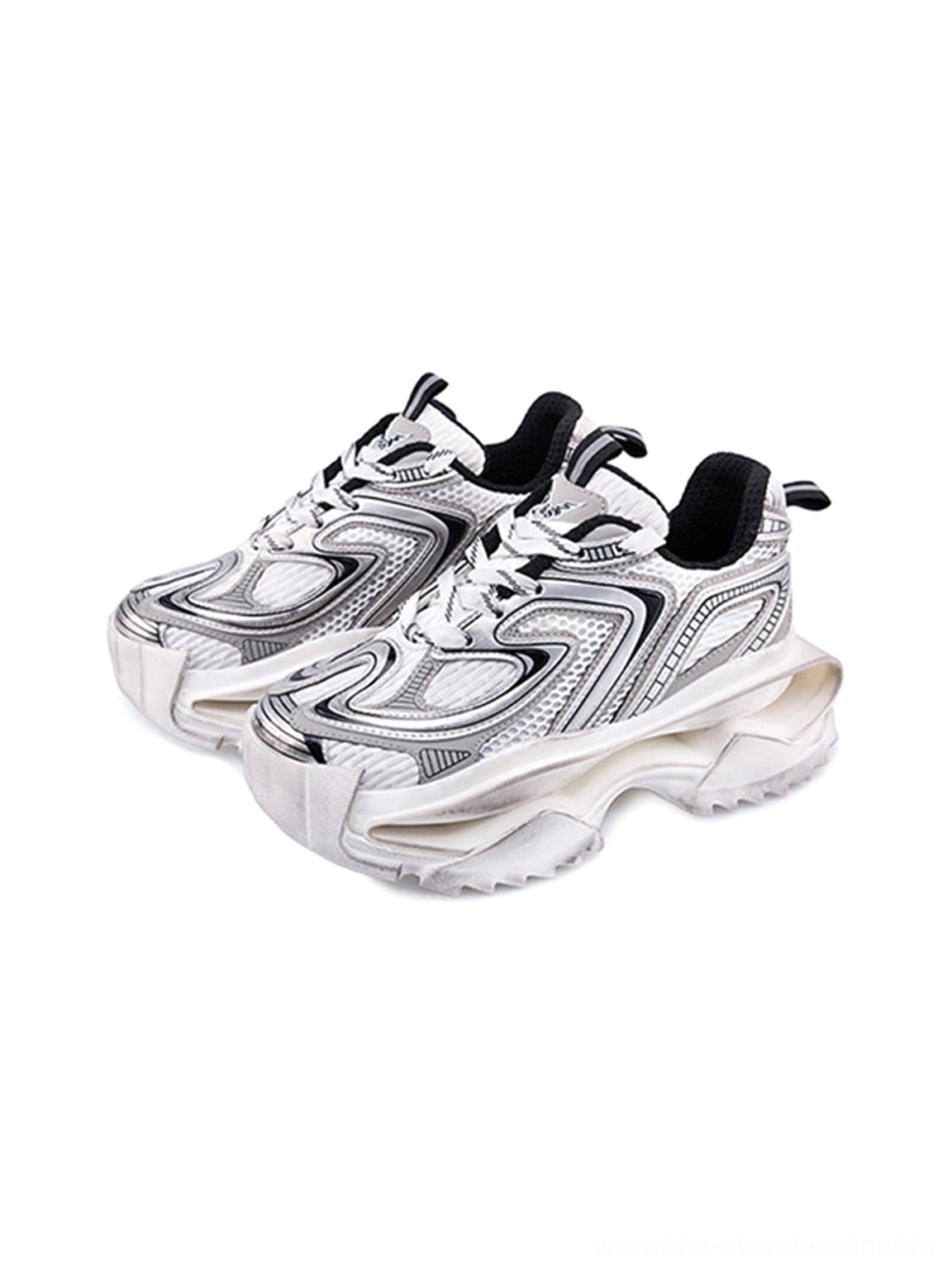Distressed silver sculpted sole chunky dad sneakers in side three-quarter studio view with layered metallic upper