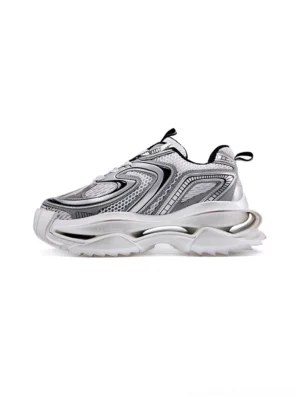 Distressed silver sculpted sole chunky dad sneakers in silver and black shown in side three-quarter studio view