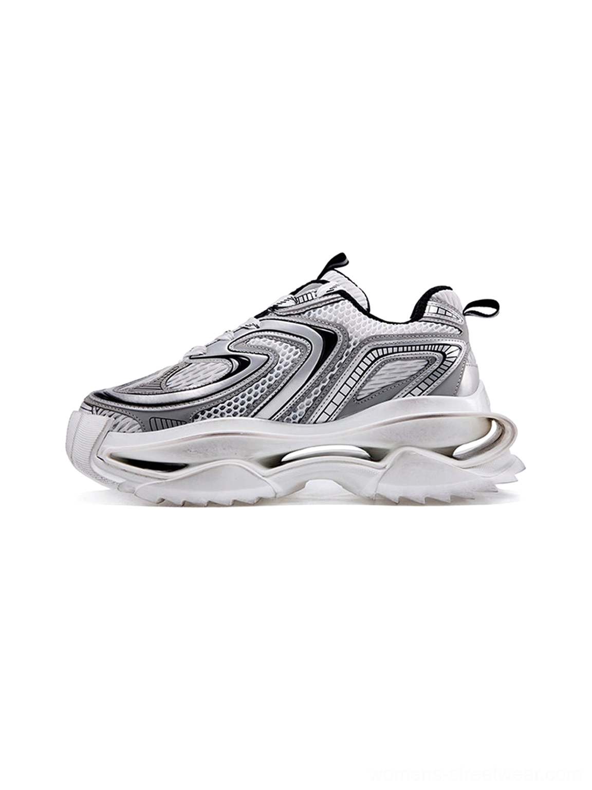 Distressed silver sculpted sole chunky dad sneakers in silver and black shown in side three-quarter studio view