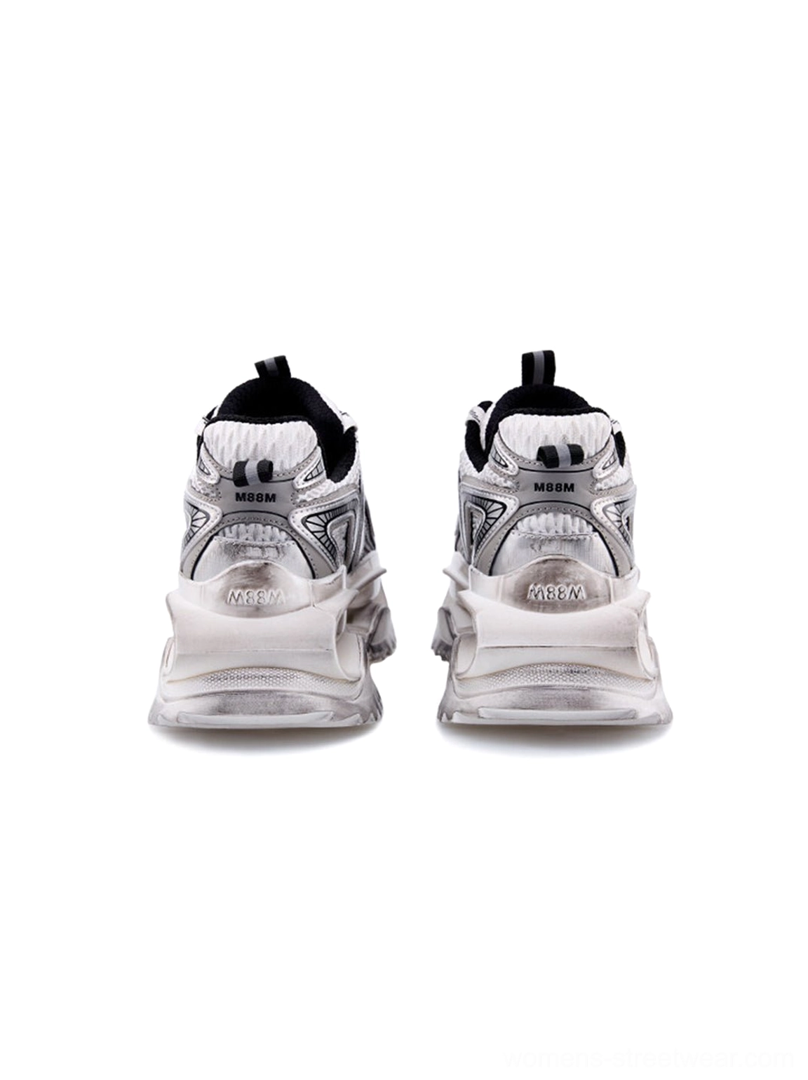 Rear view of distressed silver sculpted sole dad sneakers showing black inner lining heel pull tabs and chunky sole structure
