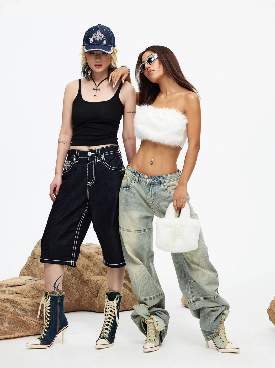 Blue distressed denim platform stiletto boots with rugged raw edges and bold alternative styling