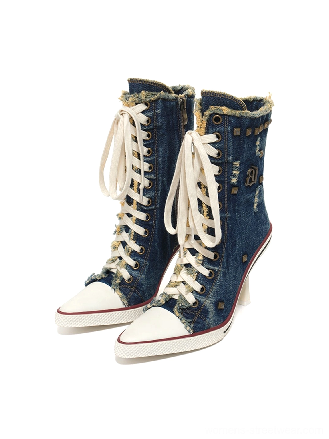 Denim blue distressed studded platform stiletto boots with lace-up front and statement heel