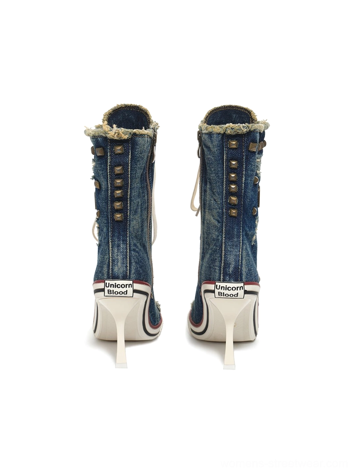 Washed blue denim platform boots with decorative metal studs and tall stiletto heels