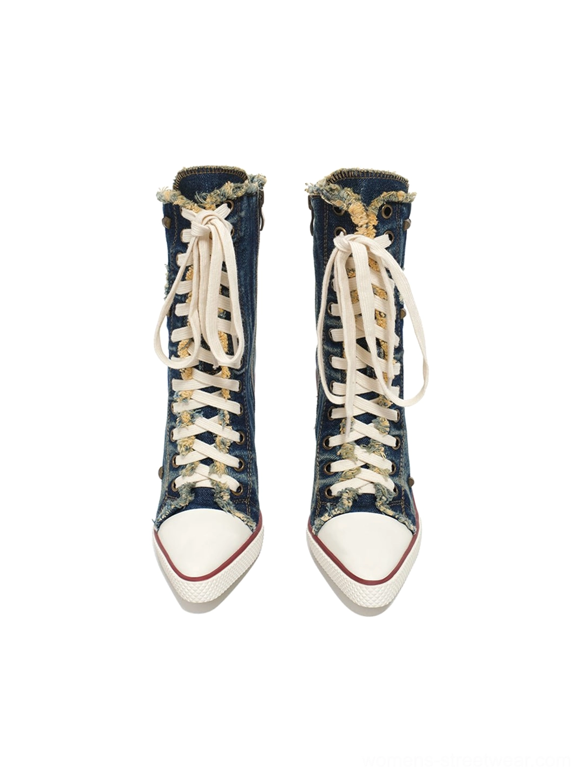Distressed studded denim platform stiletto boots designed for edgy Y2K and alternative streetwear outfits