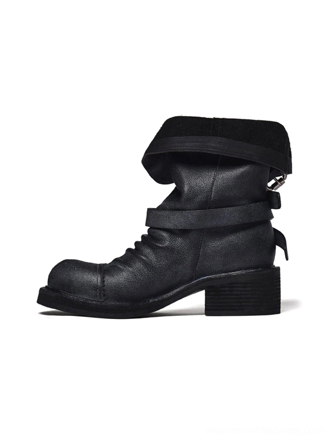 Close product view of distressed black triple-buckle leather ankle boots for alternative streetwear outfits