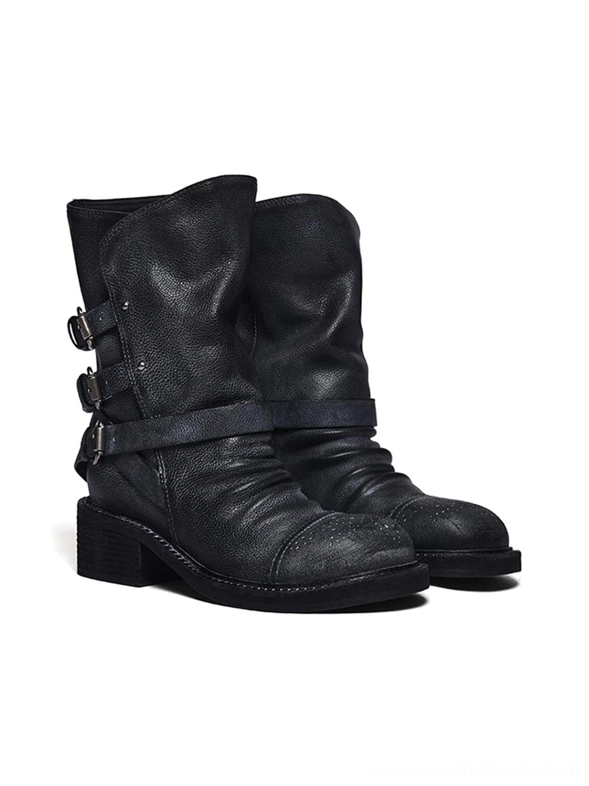 Distressed triple-buckle leather ankle boots for women in black detailed product view