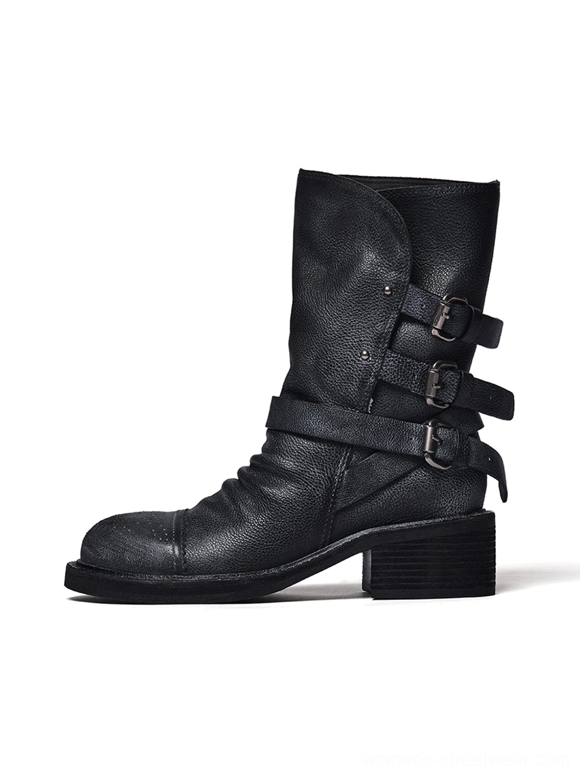 Distressed triple-buckle leather ankle boots for women in black side profile on a white studio background