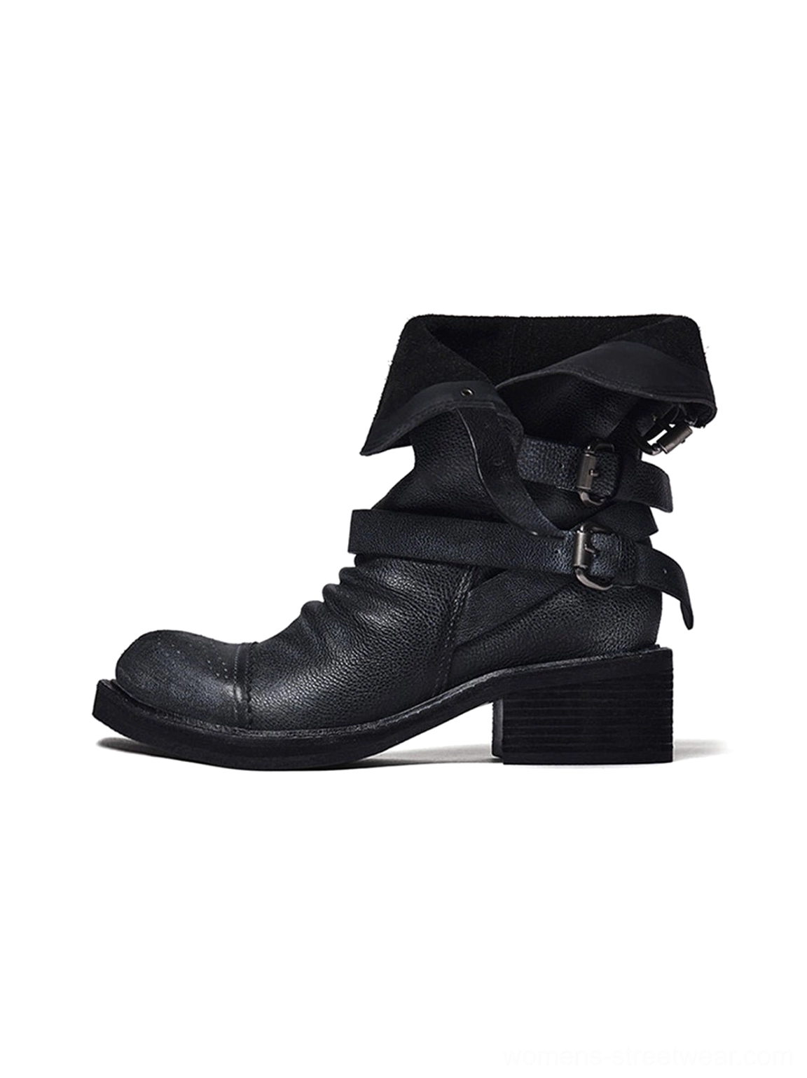 Black distressed leather ankle boots with three adjustable buckle straps and layered wrap panels