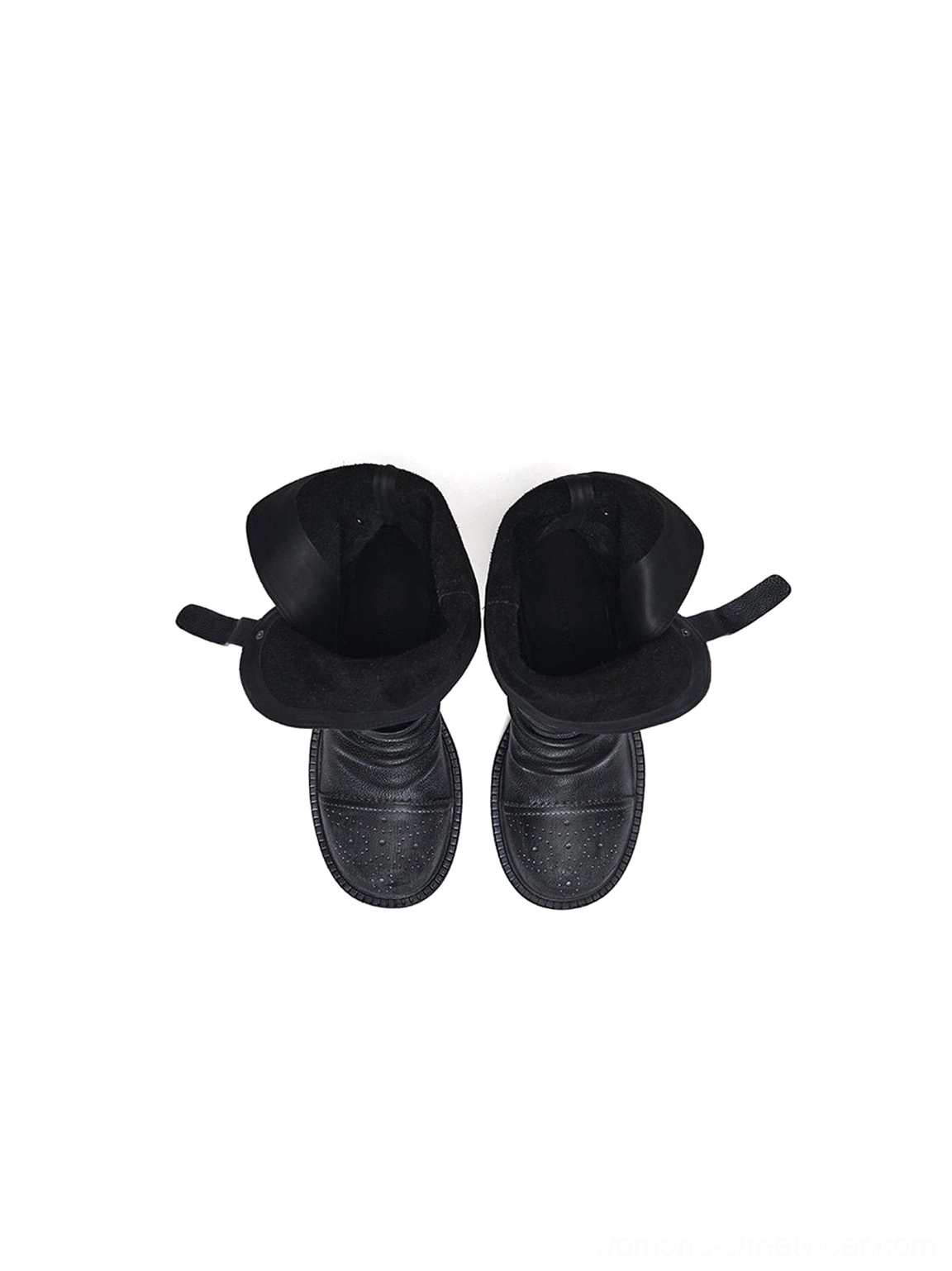 Black distressed triple-buckle ankle boots for women with low square heel and dark metal hardware