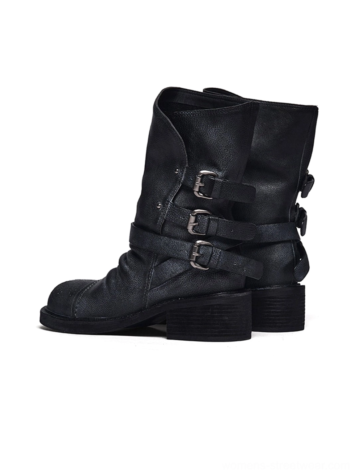 Women’s distressed triple-buckle black leather ankle boots with vintage moto streetwear aesthetic