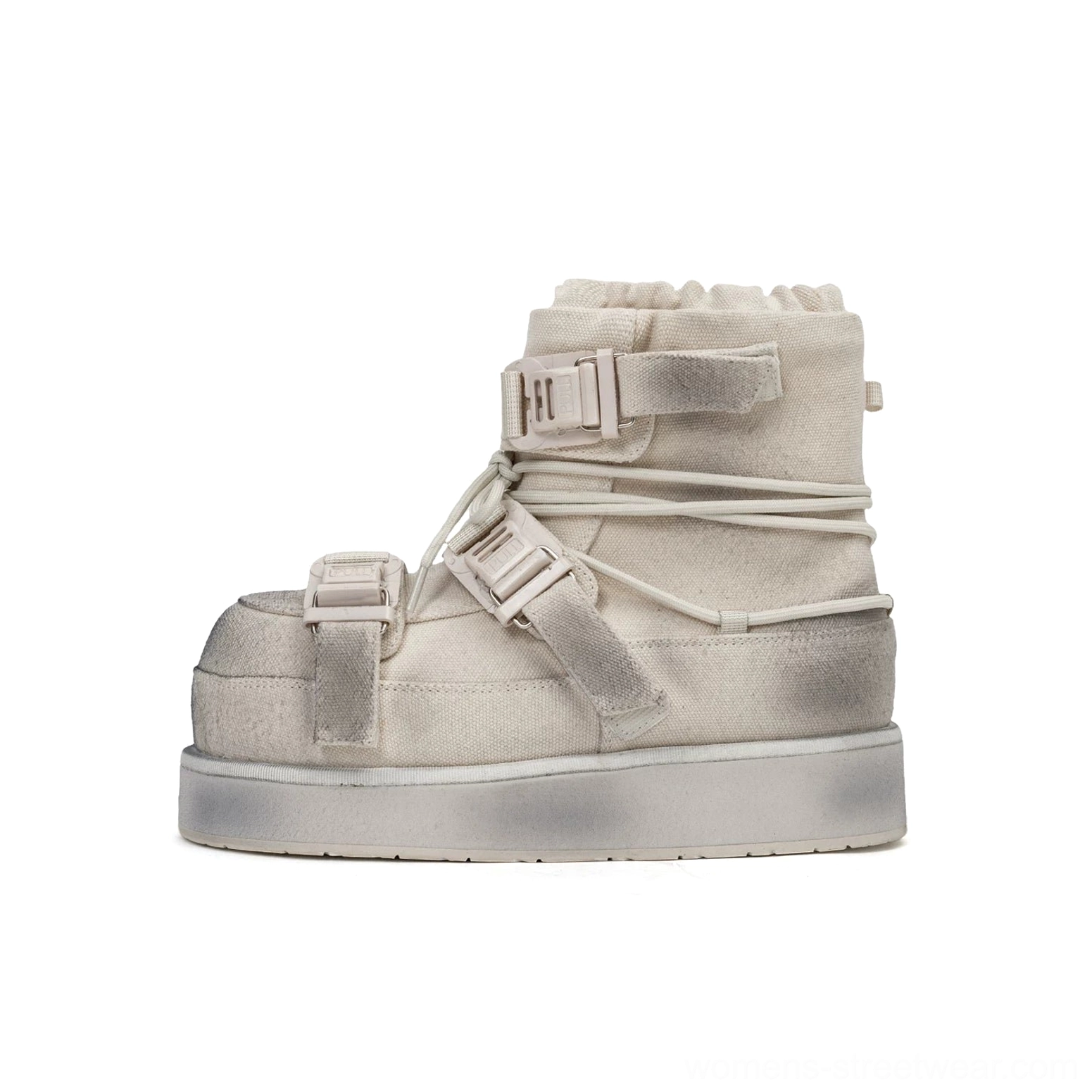 Distressed cream white platform winter snow boot side profile, featuring washed padded upper, ankle buckle straps, wrapped laces and thick sole