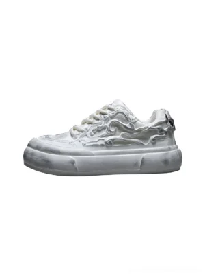 Side profile of distressed white Tai Chi panda platform sneakers with raised 3D artwork, grey-washed texture, and oversized translucent sole
