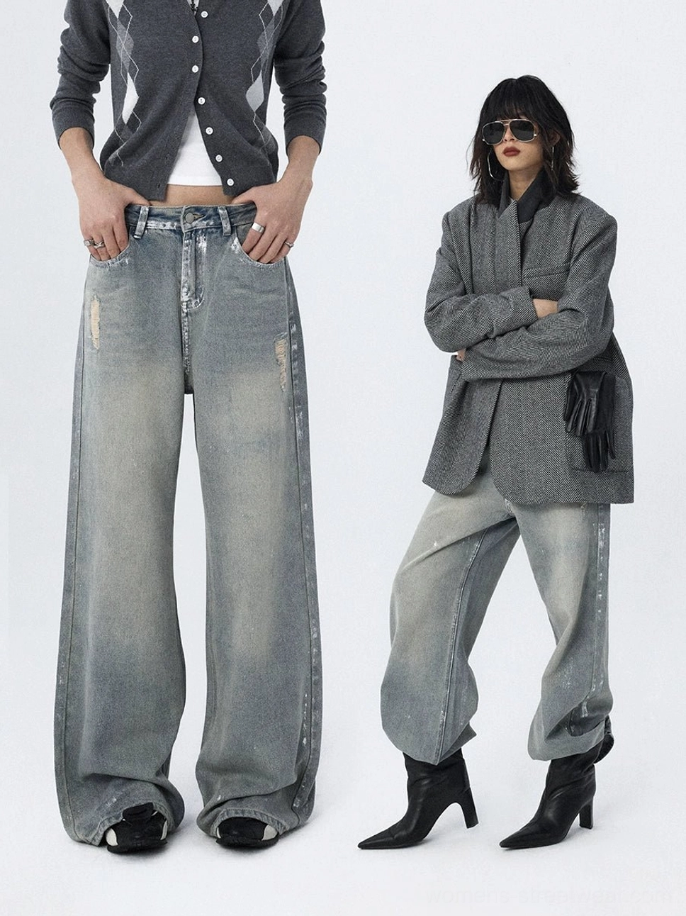 Distressed light blue wide-leg jeans styled with a grey blazer and heeled boots in a polished Korean streetwear look