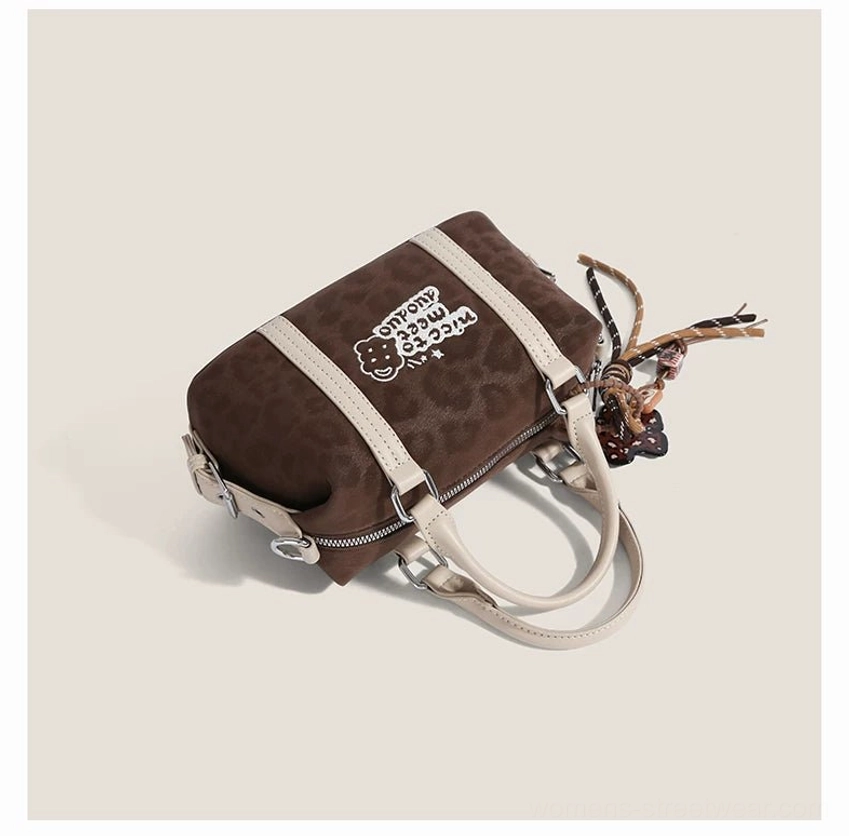 Doodle Charm mini barrel Boston bag product image showing Japanese Korean streetwear styling, compact silhouette and decorative details