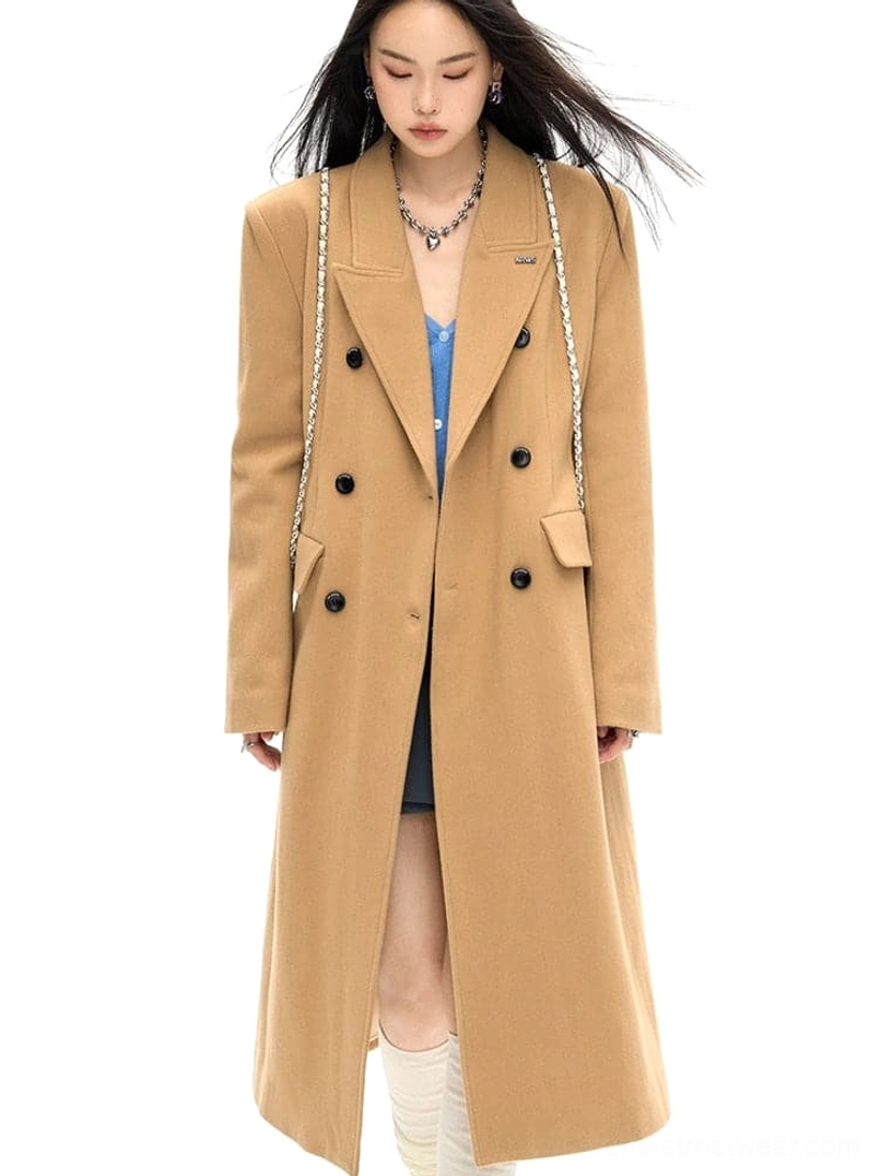 Double-breasted wool long coat designed for polished winter streetwear layering