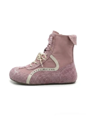 Taro purple double-lace suede high-top racing boots with light gray contrast side stripe and slim rubber sole side view