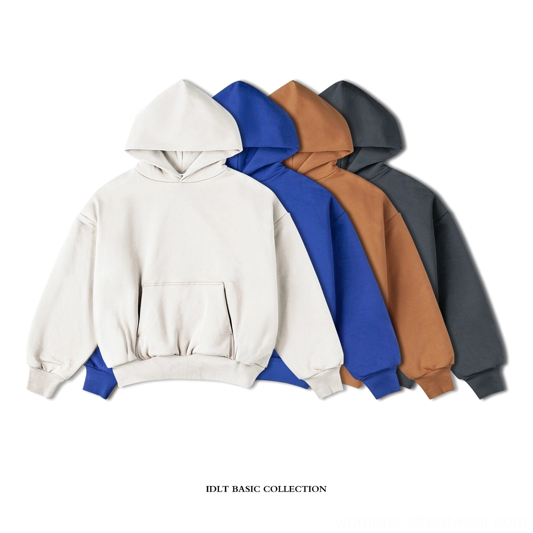 Double-layer oversized unisex hoodies shown in dark gray apricot blue and orange color options