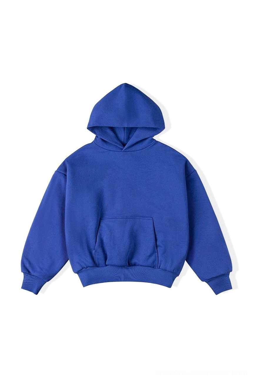 Royal blue double-layer oversized unisex hoodie with ribbed cuffs and front kangaroo pocket