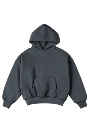 Dark gray double-layer oversized unisex hoodie front flat lay with kangaroo pocket and dropped shoulders