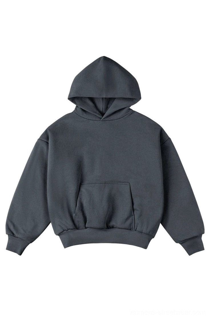 Dark gray double-layer oversized unisex hoodie front flat lay with kangaroo pocket and dropped shoulders