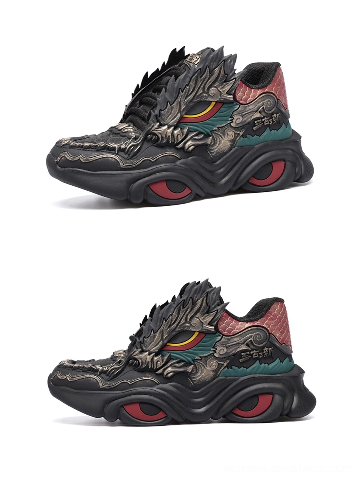 Black Dragon Crest chunky runner sneakers product view featuring a bold fantasy-inspired upper, layered streetwear construction, and oversized sole