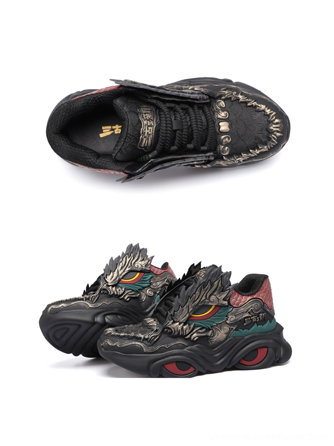 Dragon Crest chunky runner sneakers in black with statement dragon detailing, contrasting accents, technical layered panels, and Y2K streetwear styling