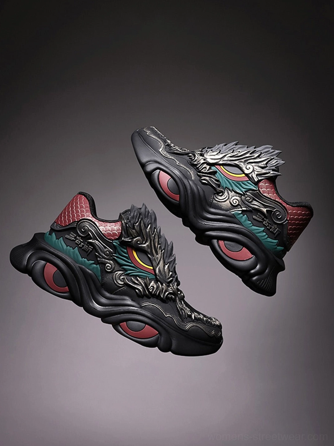 Diagonal floating view of black dragon crest chunky runner sneakers highlighting layered panels, midfoot details, thick soles, and coordinated fantasy accents