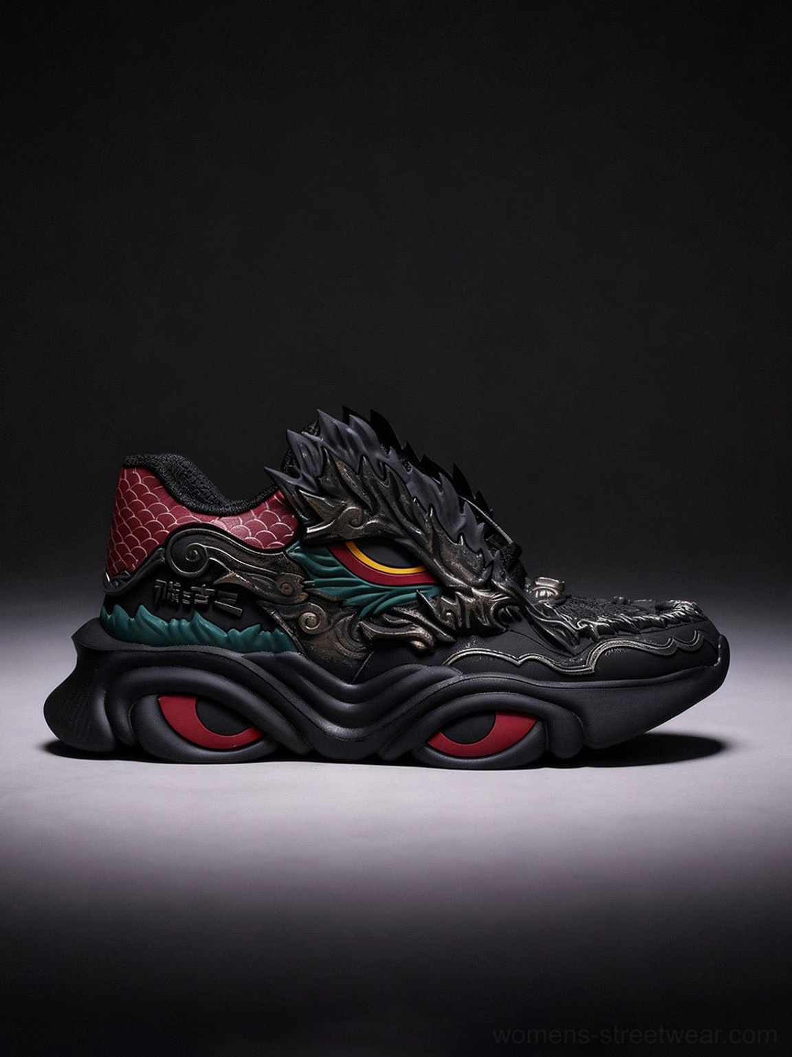 Black dragon crest chunky sneakers in a three-quarter studio view with a raised dragon head toe ornament, red heel panel, and cushioned wave sole
