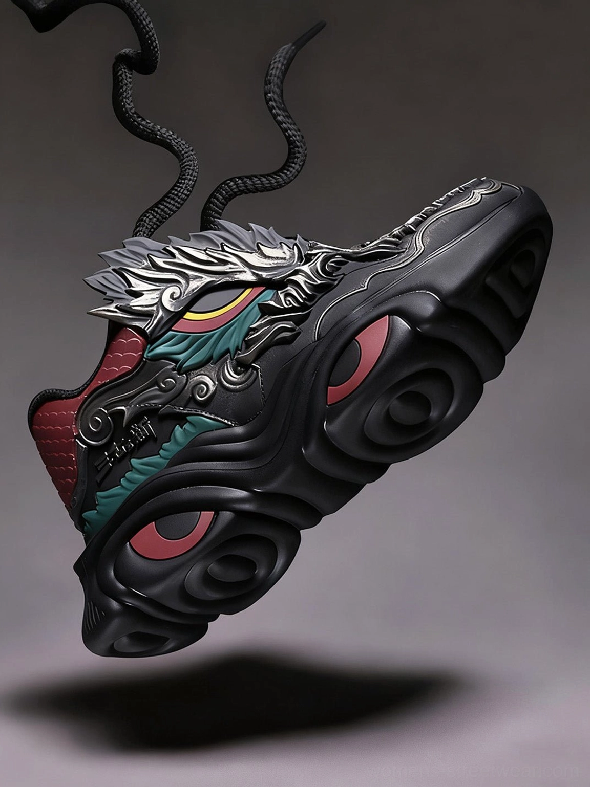 Side profile of black chunky dragon sneakers showing black laces, a scaled red heel panel, metallic gold and teal details, and a curved thick sole