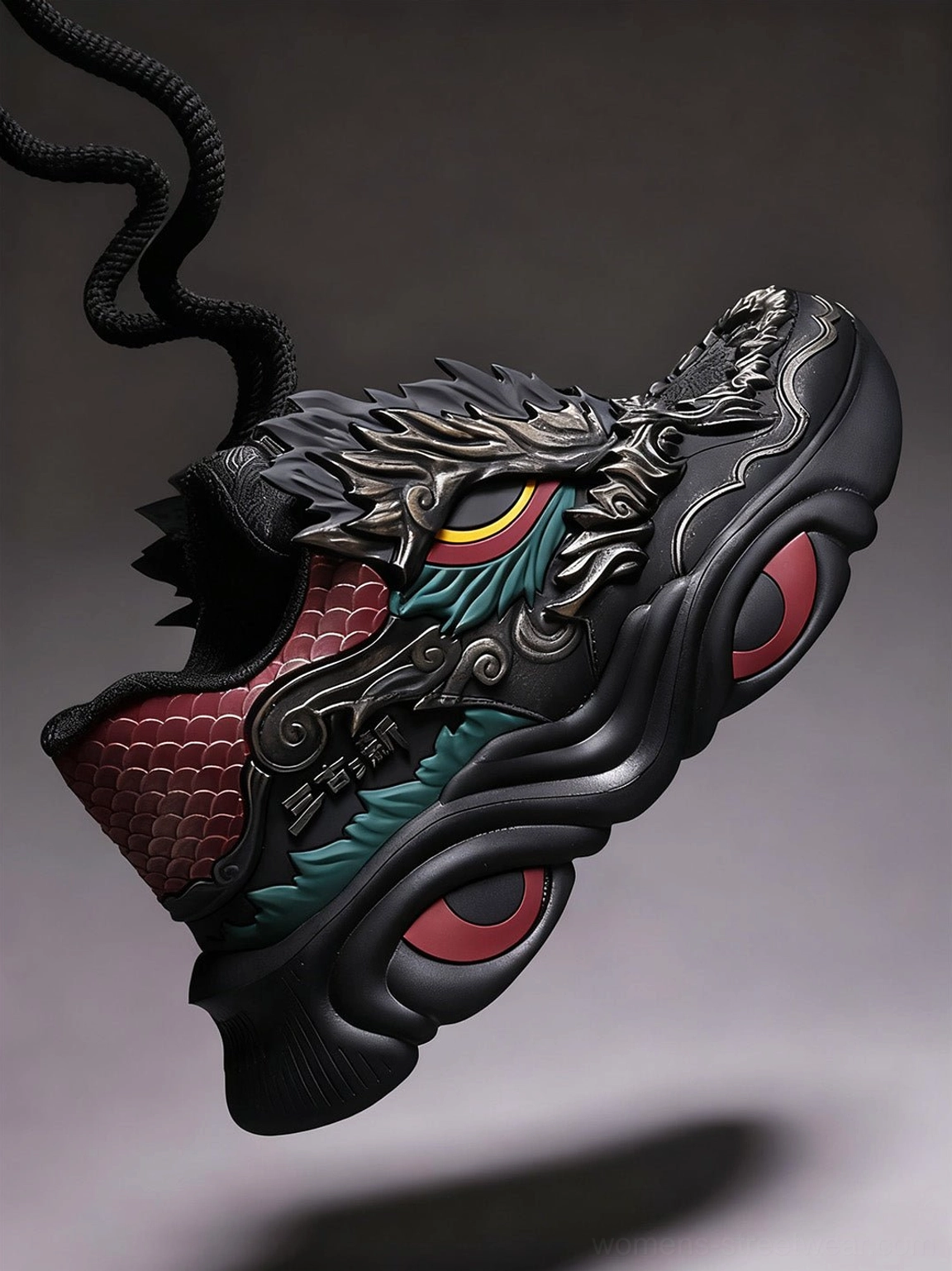 Top-down angled view of black dragon chunky runner sneakers with exposed laces, detailed dragon motifs, red sole inserts, and scaled heel texture