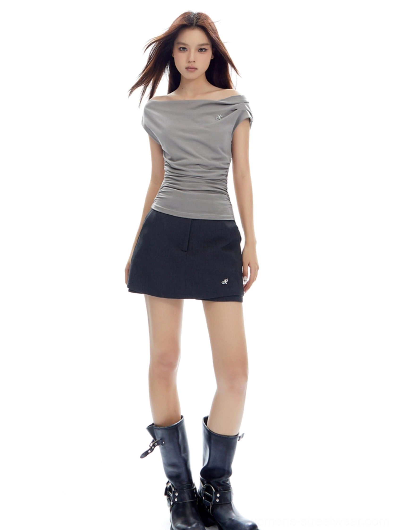Draped asymmetrical streetwear top with gathered waist texture and modern off-shoulder styling