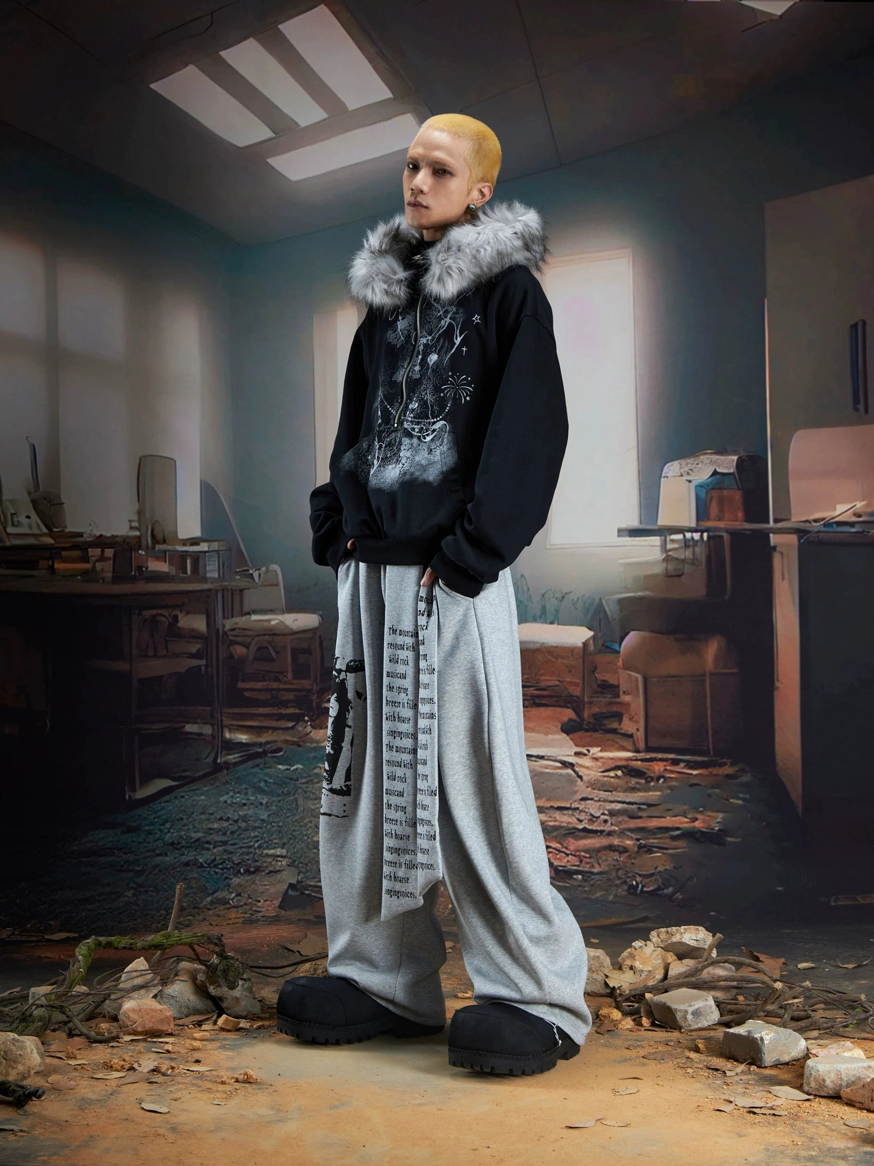 Draped panel graphic wide-leg streetwear joggers alternate product view