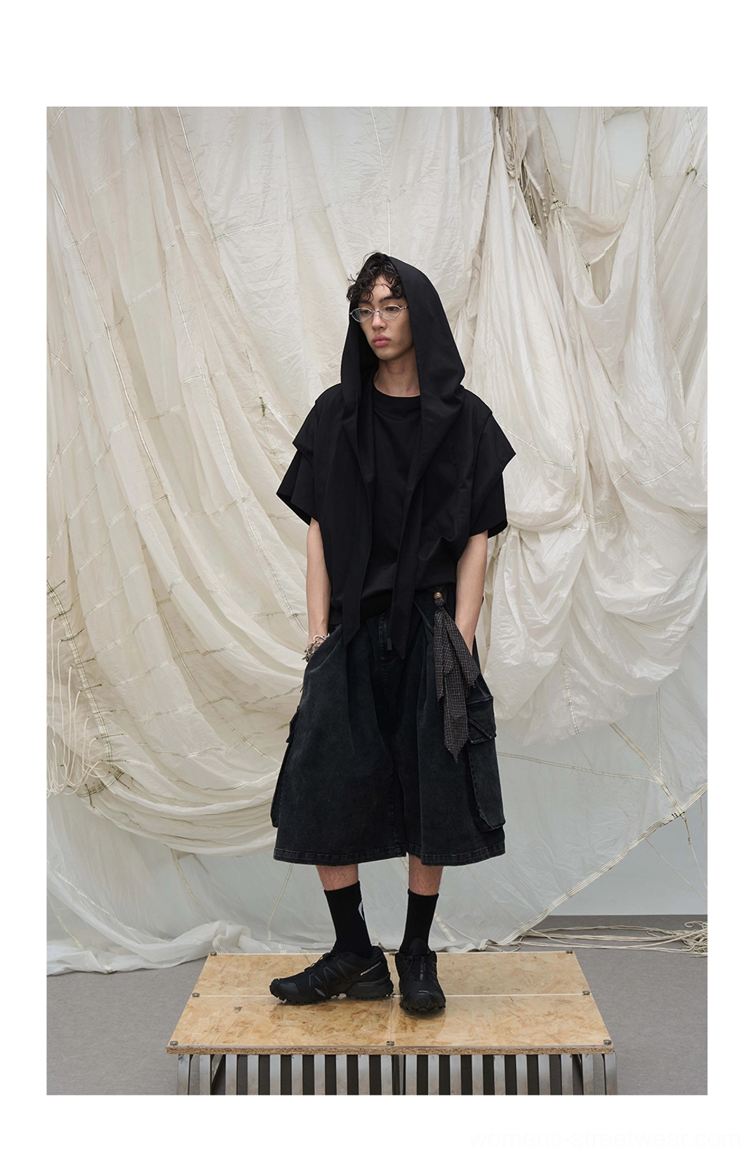 Fashion-forward draped scarf cargo culotte shorts designed for Acubi style, Y2K layering, and creative casual outfits