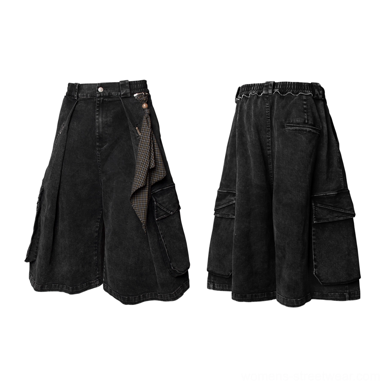 Black draped scarf cargo culotte shorts with oversized fit, wide-leg silhouette, cargo pockets, and washed streetwear finish