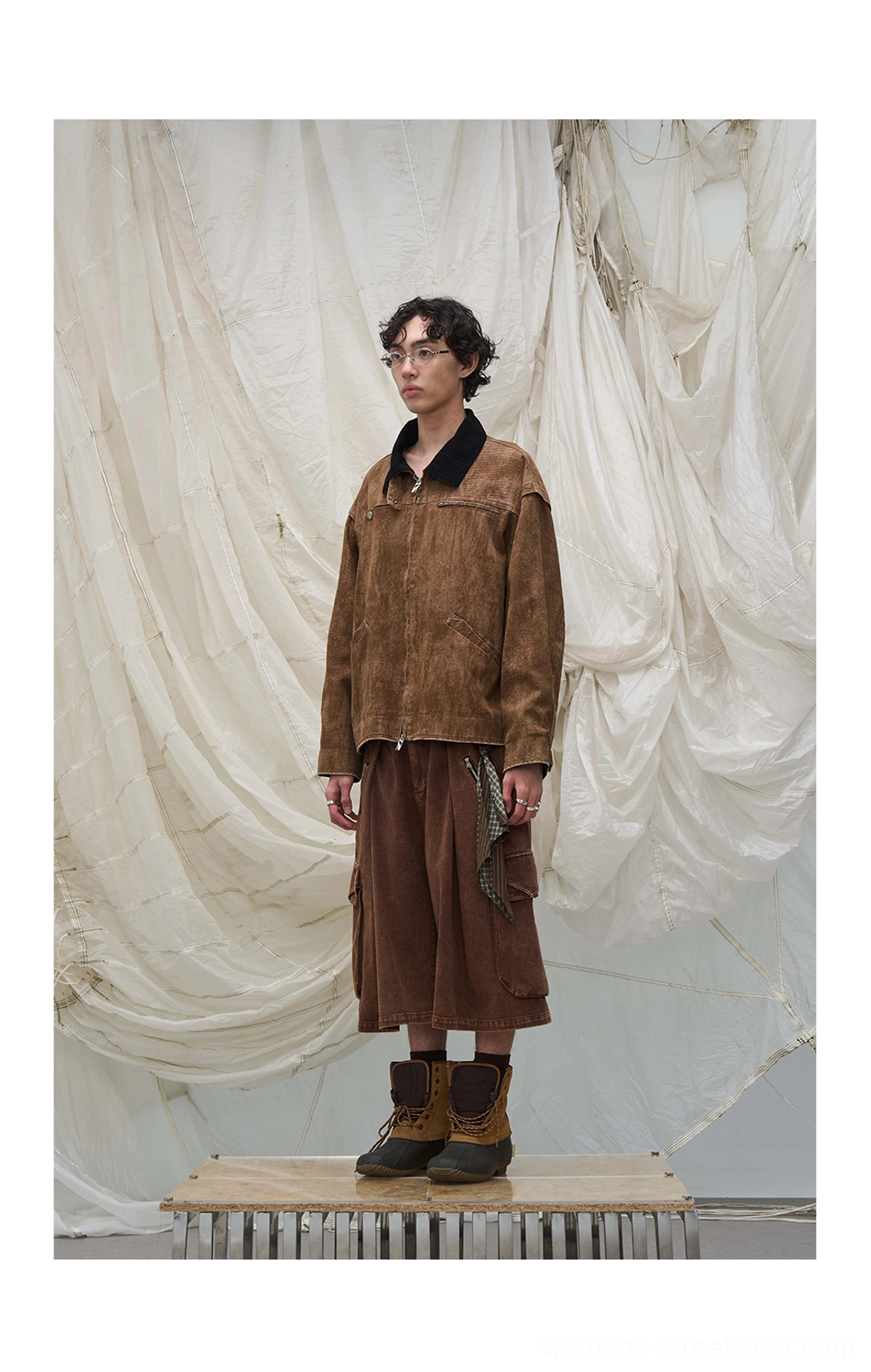Brown vintage cargo outfit featuring a coordinated work jacket and wide-leg draped scarf cargo culotte shorts