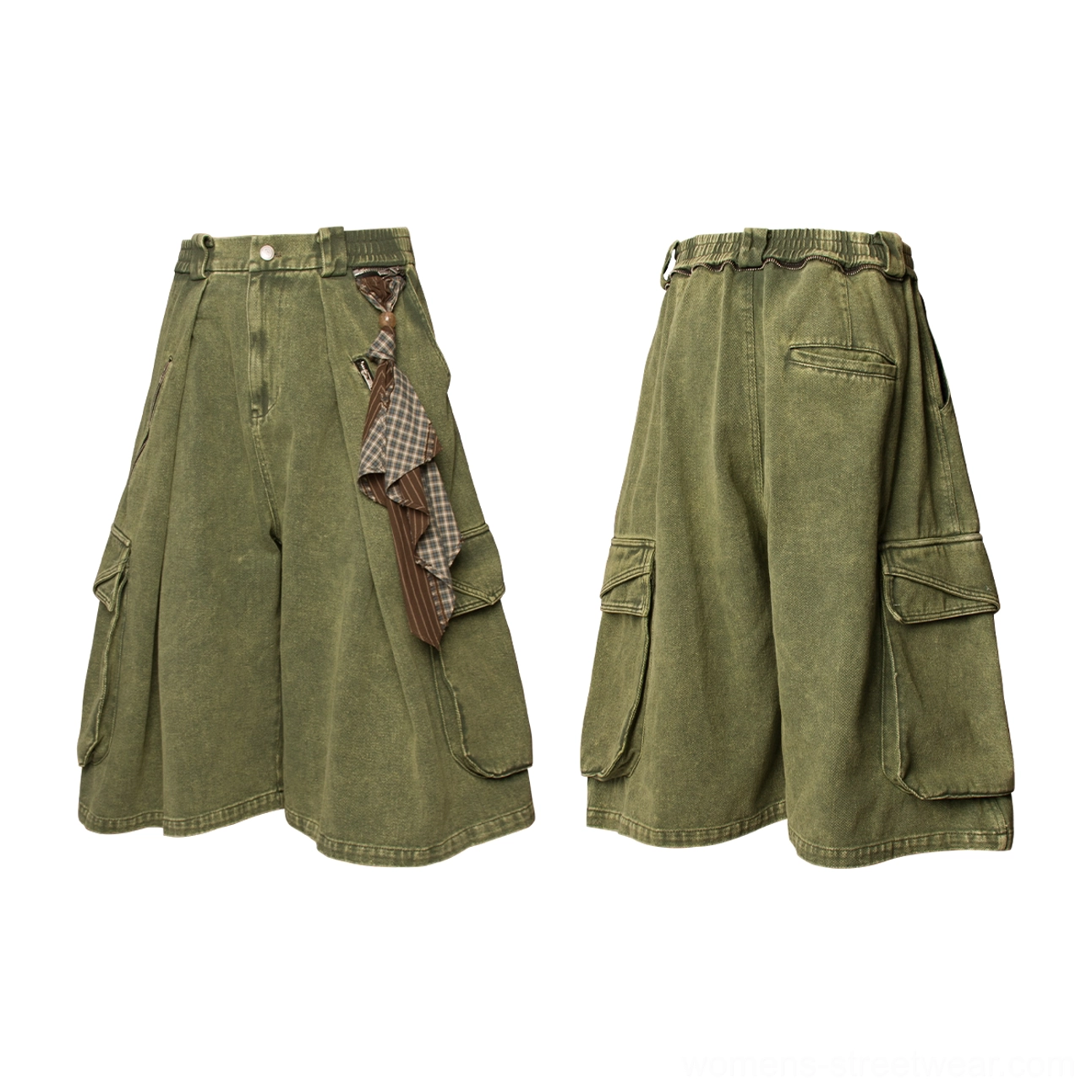 Oversized wide-leg cargo culotte shorts with functional pockets and an expressive layered scarf streetwear detail