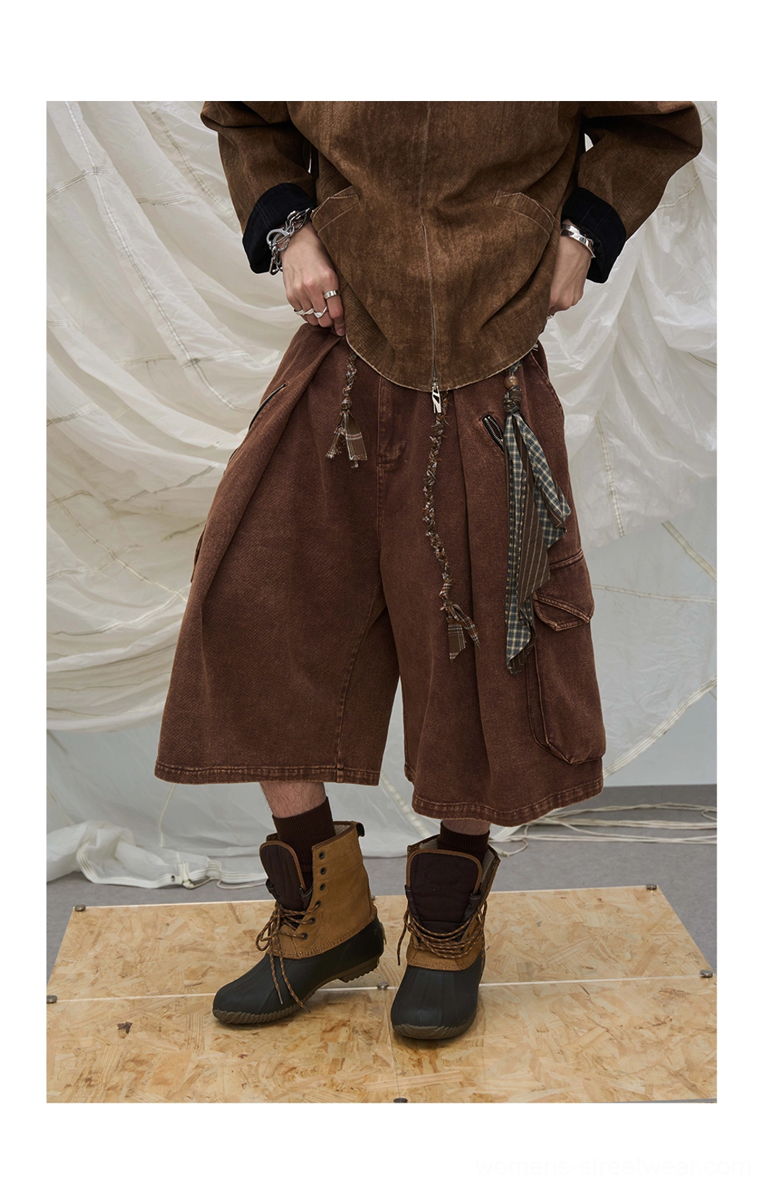 Draped scarf cargo culotte shorts in an oversized wide-leg silhouette with utility pocket streetwear design