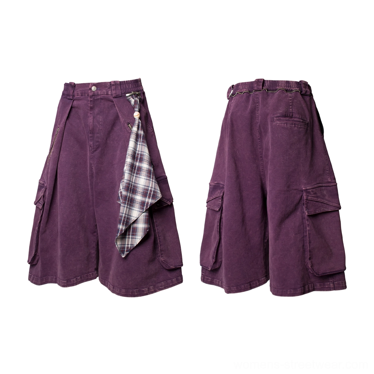 Draped scarf cargo culotte shorts styled as statement bottoms for Korean fashion, Seoul streetwear, and urban layering